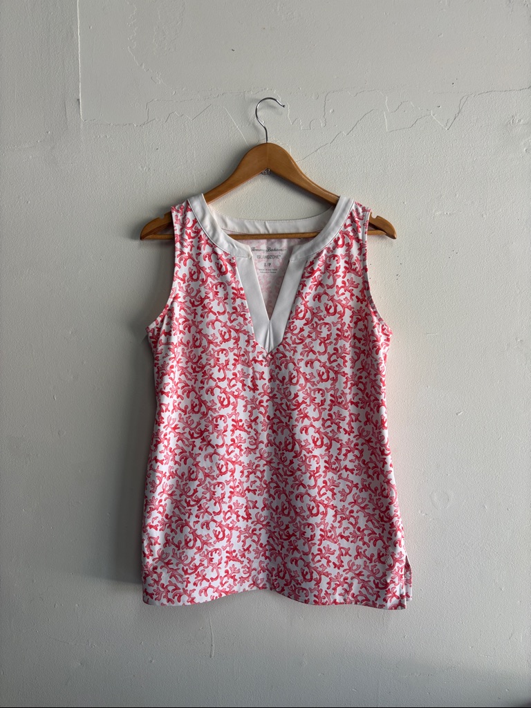 Tommy Bahama Aubrey Island Zone White And Pink Coral-Print Sleeveless V-Neck Top